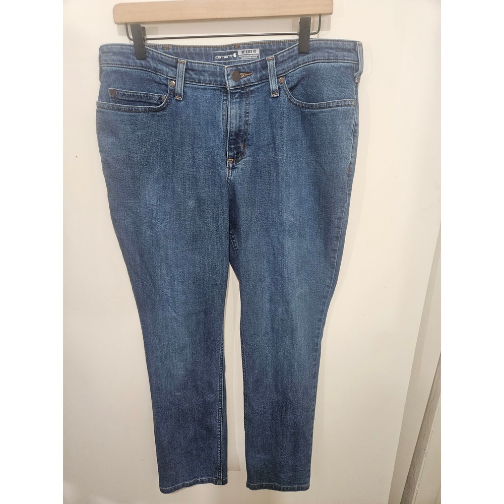 Carhartt Relaxed Fit Straight Leg Jeans Medium Wash Blue Denim Womens 12 Short